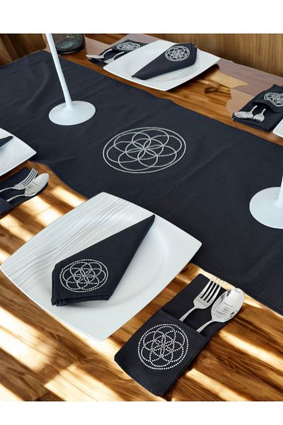 Menar Tasarım Flower of Life Embroidered Runner Napkin Cutlery Service Set 6 Person Design Table Cloth Set