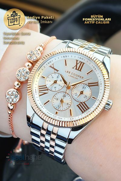 Lee Cooper Original Lee Cooper Functions Rose Gold White Silver Steel Women's Wristwatch with Active Calendar