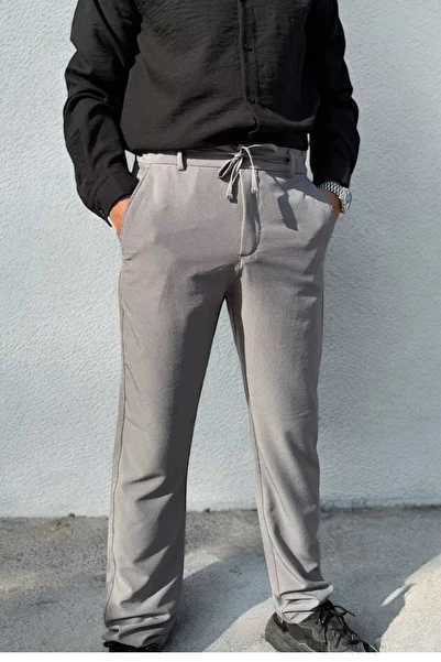 thesunfyre Men's Gray Side Pockets Elastic Waist Lace up Comfortable Fit Linen Relaxed Trousers