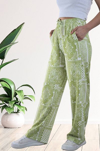 Mood Lab Women's Elastic Waist Shawl Pattern Printed Wrinkled Palazzo Trousers