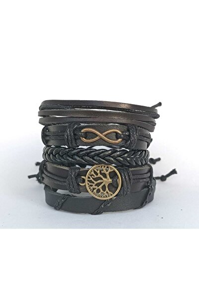 BSN Takı سوار شجرة الحياة إنفينيتي من الجلد الطبيعي مع أشكال برونزية عتيقة 5 قطع