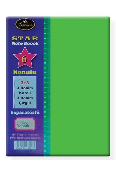 Defne Yellow Star A4 150 - 2-Line Notebook with Leaf Bookmark, Spiral Plastic Cover, 6 Threads and 4 Checks