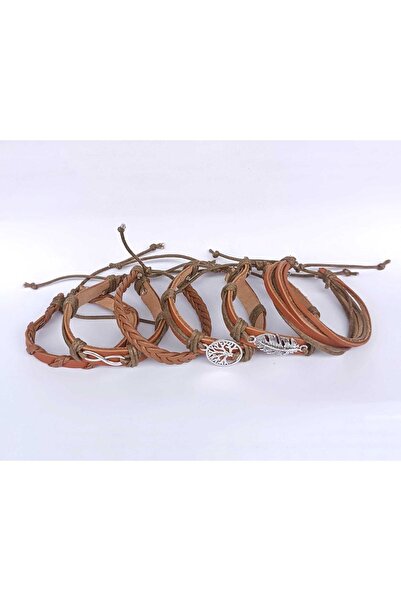 BSN Infinity Tree of Life Leaf Figured Taba Charm 6-Piece Genuine Leather Bracelet