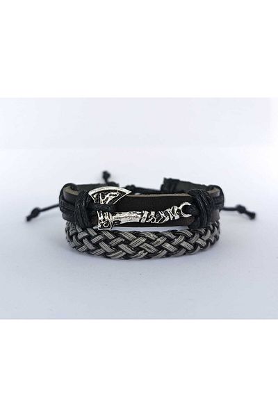 BSN Viking Thor Nordich Nordic Axe Figure 2-Piece Genuine Leather Bracelet