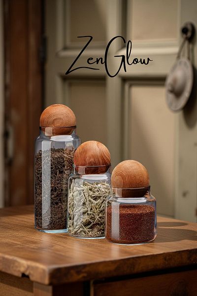 ZenGlow Set of 3 Wooden Balls, Glass Jars with Wooden Lids, Sugar Bowl, Snack Bowl, Spice Bowl and Storage Container