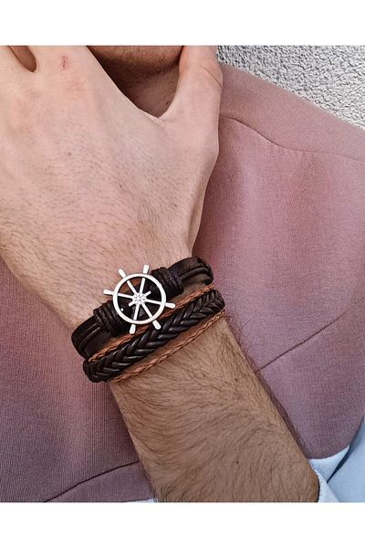 BSN Rudder Symbol 2 Pieces Genuine Leather Bracelet