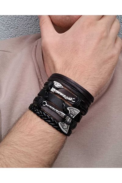 BSN Viking Thor Nordic Axe Figure 5 Piece Handmade Black Genuine Leather Bracelet