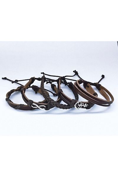 BSN Brown Genuine Leather Bracelet with Infinity Anchor Figure 5 Pieces