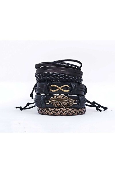 BSN Takı سوار من الجلد الطبيعي مصنوع يدويًا مع شكل ورقة إنفينيتي 5 قطع