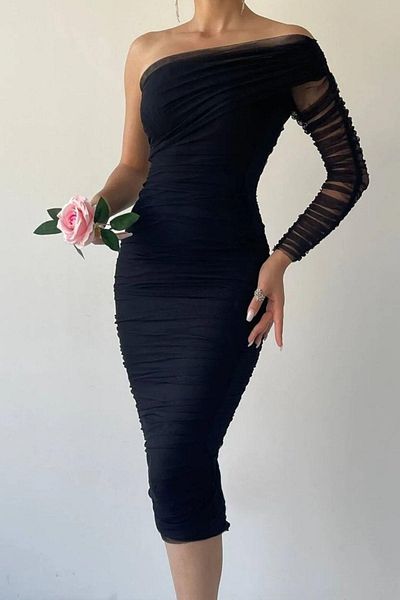 WOWBUTİK Βραδινό φόρεμα με μονό μανίκι με επένδυση από τούλι 583223 Μαύρο