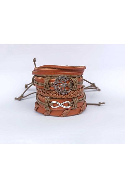 BSN Store Tan 5 Piece Figured Tree of Life Genuine Leather Bracelet