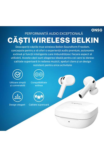 Belkin Wireless Headphones Soundform Freedom, Bluetooth 5.2, Anc, Ipx5, White