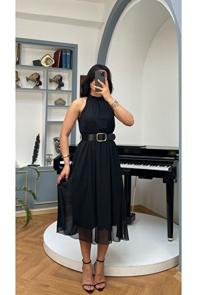 Nida Boutique Halter Yaka Kemerli Beli Lastikli Astarlı Şifon Elbise