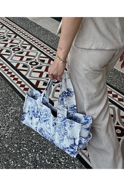 LUNAFEL Geantă de mână și geantă de umăr pentru femei cu model Blue White Japanese Houses - Geantă tote Geantă din pânză