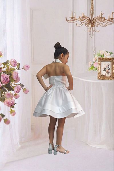 HEPSİMİNNAK Girl's Elegant Satin Bow White Dress Evening Dress Graduation Wedding Dress