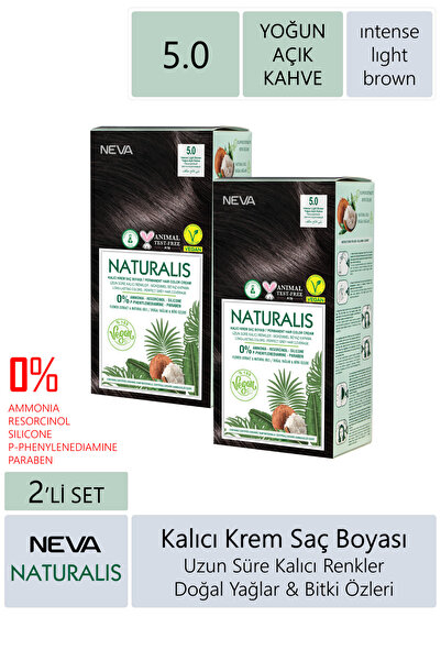 NEVA KOZMETİK Naturalis Saç Boyası 5.0 Yoğun Açık Kahve %100 Vegan 2'li Set