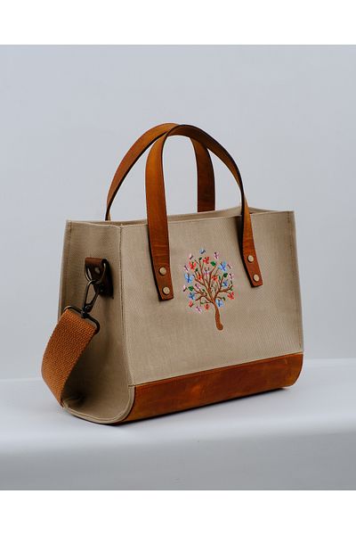 Wings Of Simurg Butterfly Tree Embroidered Genuine Leather-Canvas (Beige-Small Size) Bag