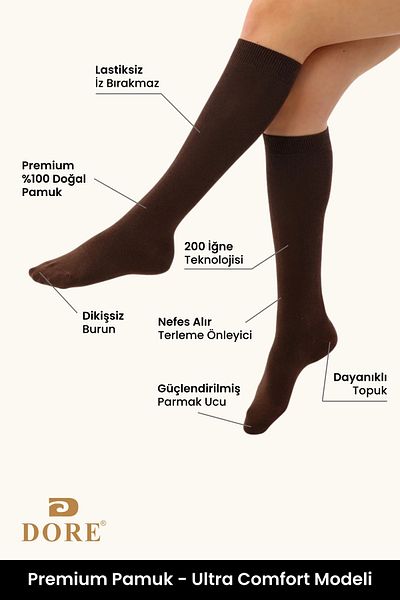 Dore Original Women's 1 Pair Premium Knee-Length Cotton Combed Seamless Non-Showing Skin under the Knee Luxury Socks
