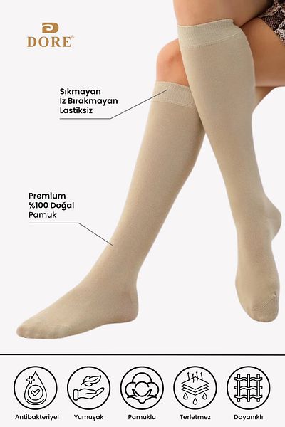 Dore Original Women's 1 Pair Premium Knee-Length Cotton Combed Seamless Non-Showing Skin under the Knee Luxury Socks