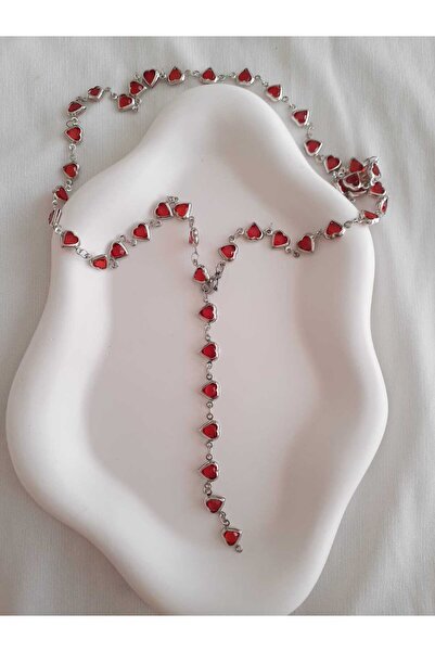 bijoux uniques Çelik Gümüş Kırmızı Kalpli Y Kolye