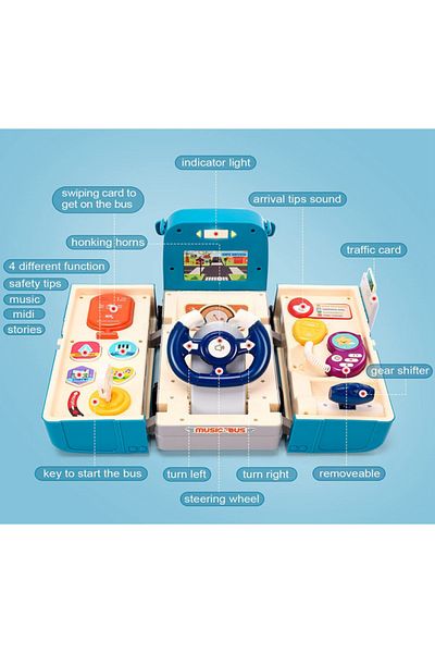 OEM Interactive Toy, Bus, Sounds and Lights, 2 in 1, Driving Simulator, 16 Functions, Blue