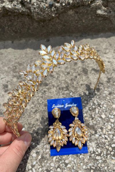 Hobigram Alejandro Gold Bridal Henna Crown Special Occasion Accessory Women's Crown and Wide Shuttle Earring Set