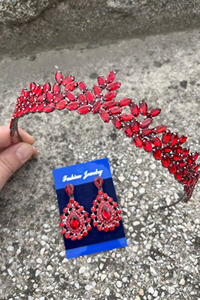 Hobigram Alejandro Red Bridal Henna Crown Special Day Accessory Women's Crown and Drop Shuttle Earrings Set