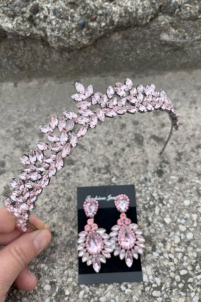 Hobigram Alejandro Pink Bridal Henna Crown Special Occasion Accessory Women's Crown and Wide Shuttle Earrings Set
