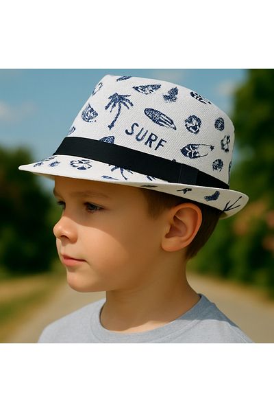 Avantaj Kapıda ®   Children's Fedora Straw Hat Summer Patterned Boy Girl Shaded Fedora Beach Hat-White