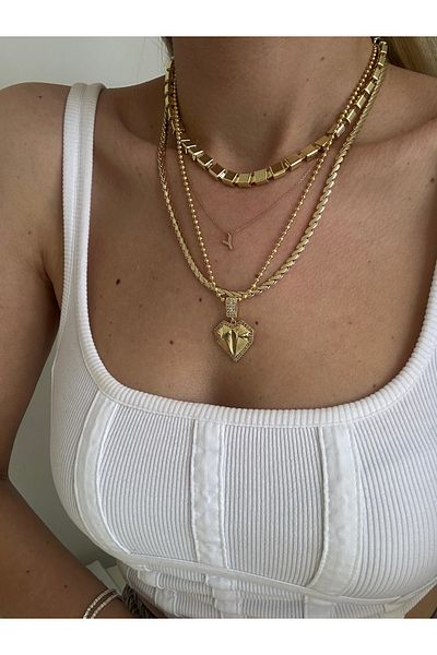 GLARE JEWELRY Steel Necklace with Heart Model Chain in 22K Gold Color 40+5 cm