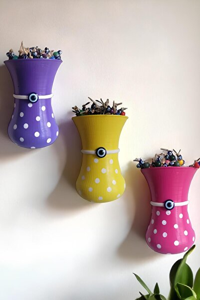 Grimsi 3lü Puantiyeli Renkli Boncuklu Yarım Saksı Duvar Balkon Kapı Süsü