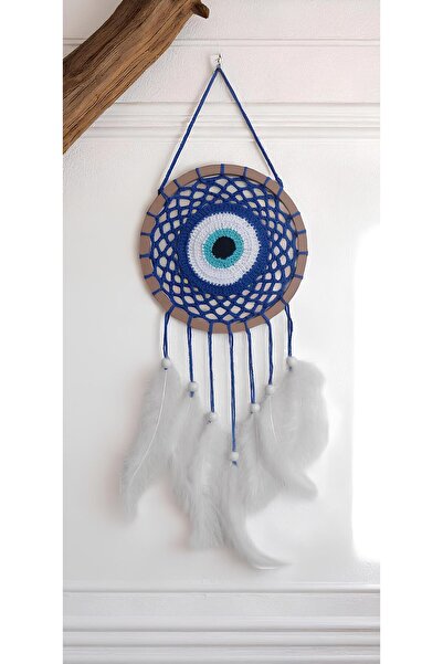 Grimsi Dekoratif Mavi Göz Şeklinde Tüylü El Yapımı Düş Kapanı Duvar Süsü