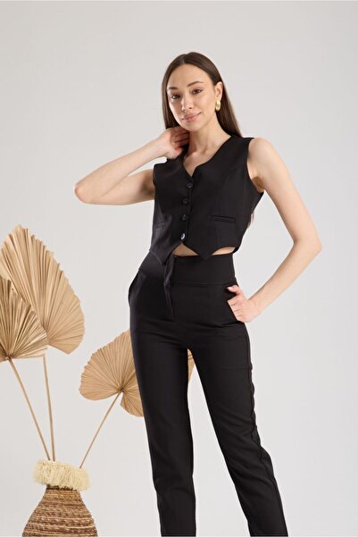 amurpars Buttoned V-Neck Blazer Black Vest