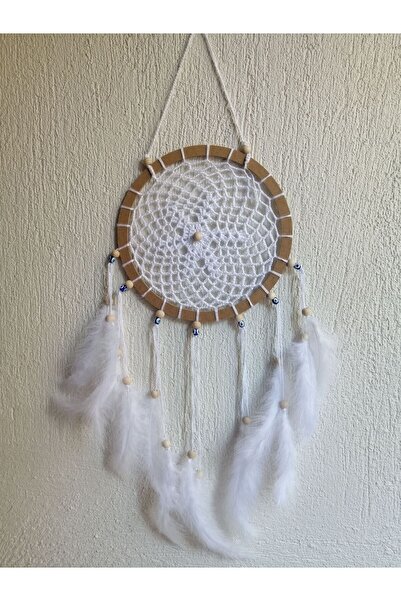 Grimsi Dekoratif Beyaz Ahşap Boncuk Detaylı Dantel Desenli Tüylü El Yapımı Düş Kapanı Duvar Süsü