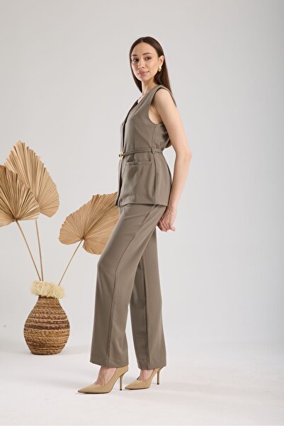 amurpars Khaki Gold Belt Detailed Women's Vest Pants Suit