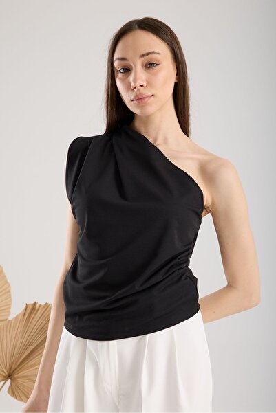 amurpars Tek Omuz Drapeli Dökümlü Siyah Bluz