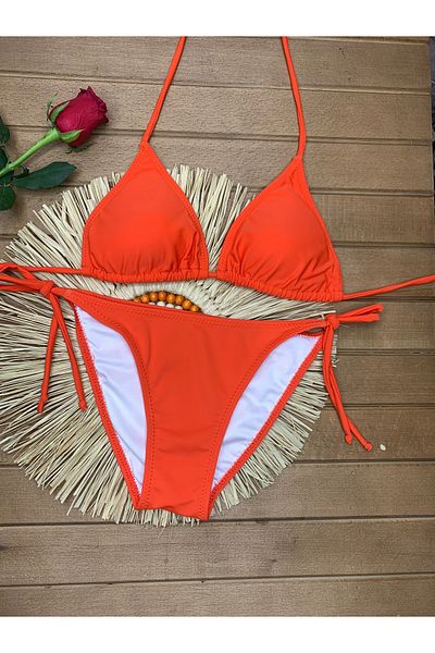 XORVİO Women's New Season Lycra Stretchy Side Halter Neck Stylish Drawstring Triangle Pomegranate Flower Bikini Set