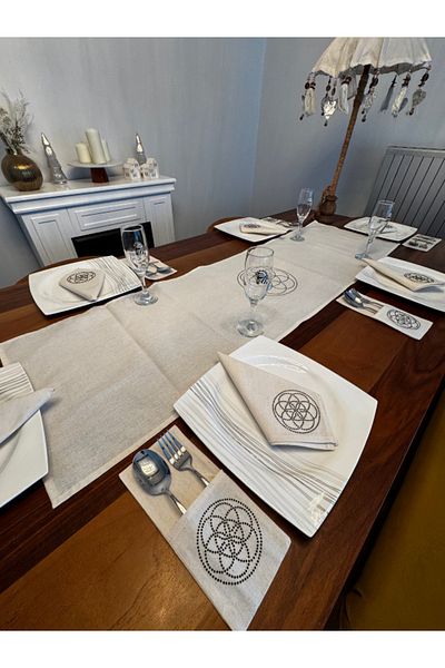 Menar Tasarım Flower of Life Embroidered Runner Napkin Cutlery Service Set 6 Person Design Table Cloth Set