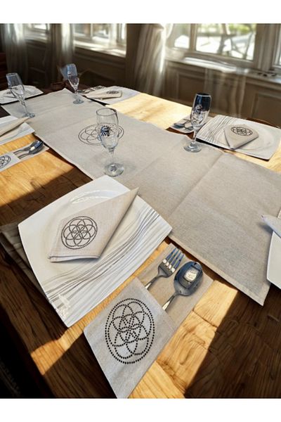 Menar Tasarım Flower of Life Embroidered Runner Napkin Cutlery Service Set 6 Person Design Table Cloth Set
