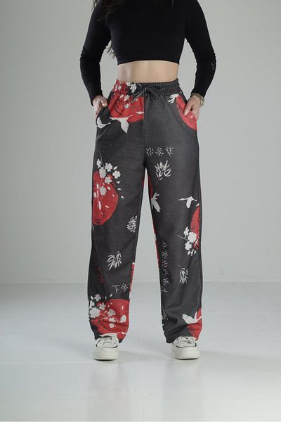 COCOPELLI Pantaloni largi cu modele de flori japoneze