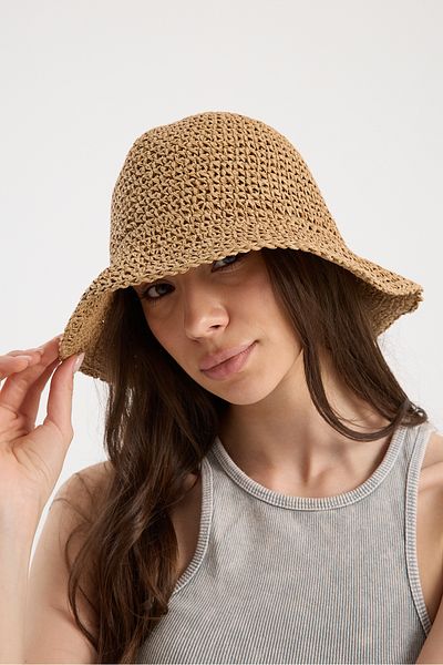 OX-RA Hand Knitted Wide Brim Summer Bohemian Straw Beach Hat