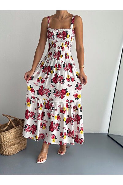 MaxiMor Gipeli Λευκό Floral Κρεμαστό Φόρεμα Μήκος δαπέδου Ύφασμα Βισκόζης 125 εκ.