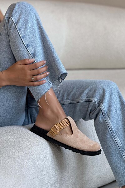 NİŞANTAŞI SHOES Sima Nude Suede Braided Buckle Detailed Flat Sole Women's Slippers