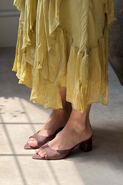 NİŞANTAŞI SHOES Morgana Brown Suede Pointed Toe Thick Heeled Women's Slippers