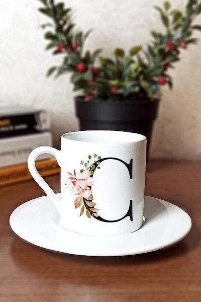 SporSen Caddemart| Floral Printed Porcelain Turkish Coffee Cup with Letter C