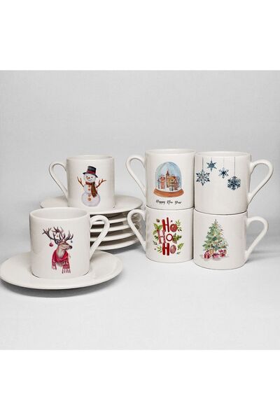 BİBANAPROMOSYON Yeni Yıl Temalı Baskılı Porselen 6lı Türk Kahvesi Fincan Takımı