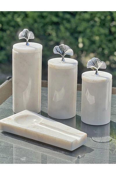 st sarıtaş Decorative White Marble Ginkok 3-Piece Spice Bowl Sugar Bowl Jar Set
