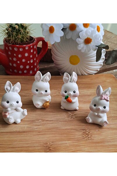 melora 5 cm 4'lü Tavşan Biblo Set,Dekoratif Masa Vitrin Süsü Teraryum Obje Te...