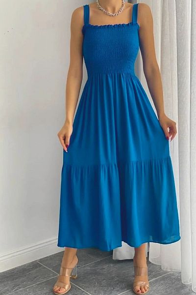 kallima Saks Blue Strap Gipeli Fusta pliată cu volane Rochie lungă casual țesută (130 CM)