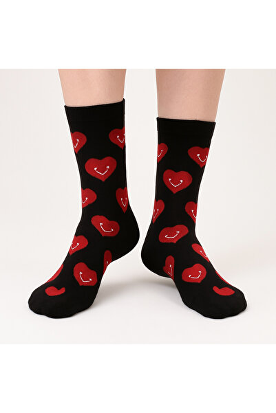 MiaSocks Siyah-Kırmızı Kalp Desenli Çorap